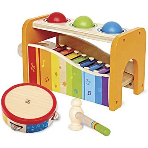 Hape Pound, Tap, & Shake! Music Set - Award Winning Wooden Pounding Bench, Baby Xylophone, and Tap Along Tambourine - Developmental, Non-Toxic, Montessori Musical Toys for Toddlers 1 - 4 Years Old