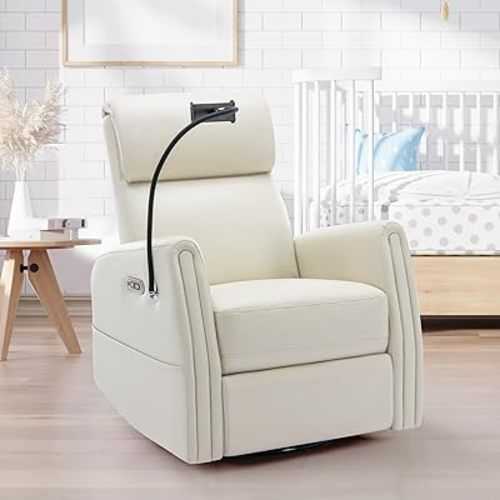 COLAMY Power Swivel Rocker Recliner Chair, Glider Recliner Nursery Chair for Nursery, Faxu Leather Nursery Rocking Chair with Arms for Living Room, Light Beige