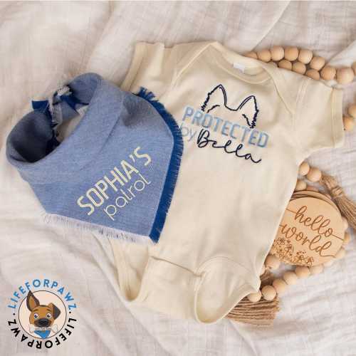 Personalized Dog Bandana and Baby Bodysuit Set – Custom Dog Breed Baby Bodysuit & Personalized Dog Bandana – Pet and Baby Matching Set