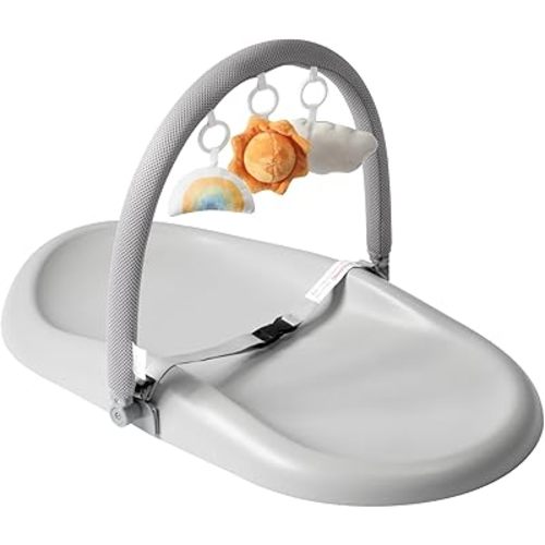 Matelas à langer facile à nettoyer, coussin imperméable en polyuréthane durable, ceinture de sécurité douce et antidérapante et jouets suspendus, facile à régler et barre amovible, gris