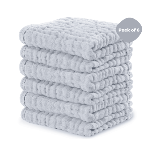 Comfy Cubs Baby Washcloths, Muslin Cotton Baby Towels, Large 10”x10” Wash Cloths (Slate, Pack of 6)