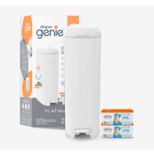 Diaper Genie Platinum Diaper Pail Gift Set | Hands-Free Odor Control with Foot Pedal | Stainless Steel Baby Diaper Pail | Includes 2 Easy Roll Refills 48 Bags Total | Baby Registry Must-Have