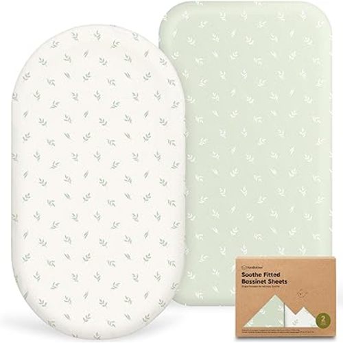 2-Pack Organic Bassinet Sheets for Girls, Boys - 100% Cotton Bassinet Mattress Sheets Compatible with Halo Bassinest Swivel Sleeper, Graco, Baby Delight, Chicco, Unisex Fitted Bassinet Sheets (Herb)