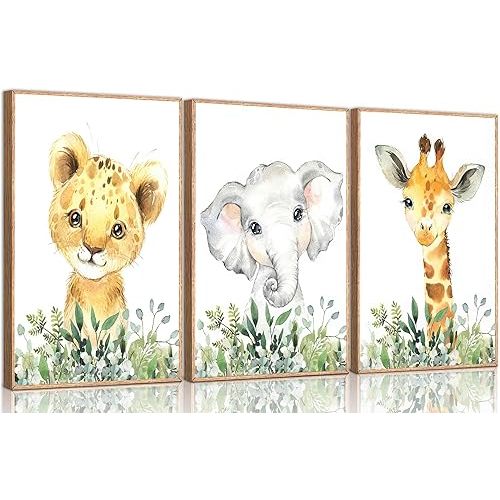 3Pcs Safari Animal Nursery Canvas Wall Art Cute Watercolor Jungle Elephant Giraffe Lion Kids Room Painting Pictures Wall Decor Posters Prints Artwork for Baby Boys and Girls Room Decoration Unframed