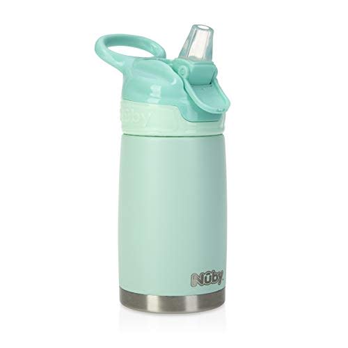 Nuby Thirsty Kids Push Button Flip-It Soft Spout on The Go Water Bottle, Green Cactus,12 oz