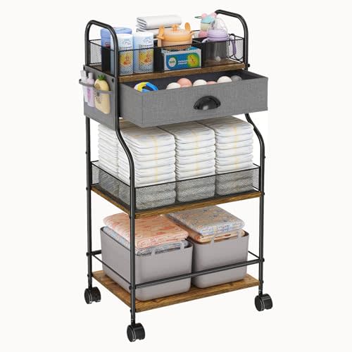 3-Tier Baby Diaper Caddy Cart Organizer with Drawer,Rolling Utility Cart & Bedside Nursery Essential Storage for Newborn Baby Stuff, 2+1 Divider, Baby Storage Organizer for Bedroom,Changing Table,Grib