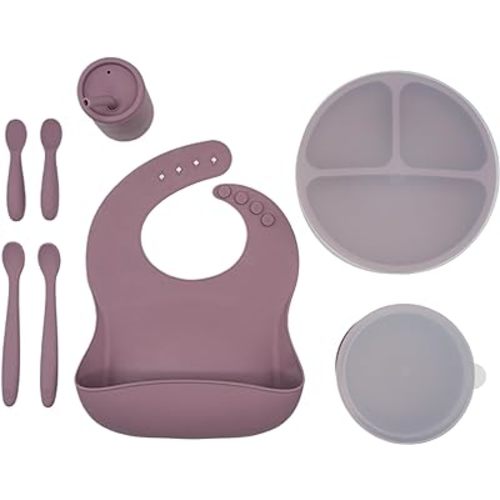 WeeSprout Baby Led Weaning Bundle, Silicone Suction Bowl, Spoons, Bib & Cup, Develops Self Feeding Skills, Dishwasher Safe (Purple)