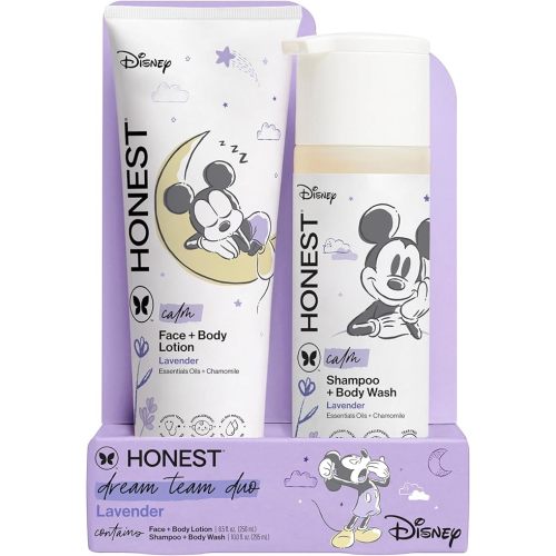 The Honest Company 2-in-1 Cleansing Shampoo and Body Wash Face Lotion Bundle Disney Design Gentle Enough for Baby Dermatologist Tested Calm Lavender 18.5 fl oz