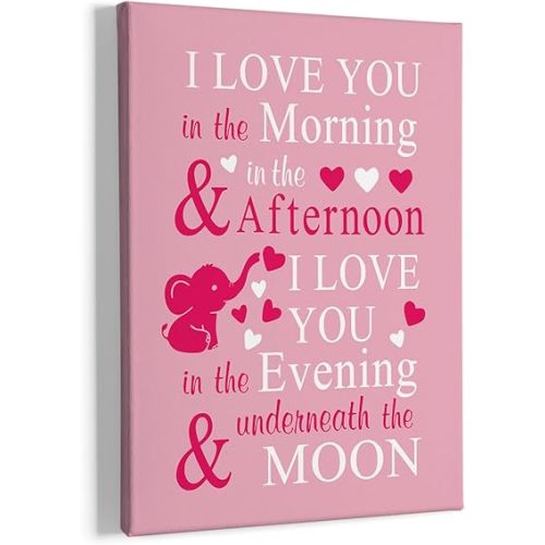 HIWX Baby Elephant Nursery Decor, Elephant Wall art Decor, I Love You In The Morning Sign Framed Canvas Painting Wall Art Decor, Elephant Nursery Baby Wall Art Home Decoration For Room Bedroom 11x14(Pink)