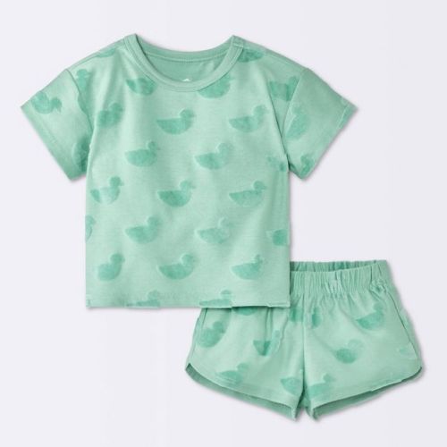 Baby Boys' 2pc Short Sleeve Duck Printed T-Shirt and Shorts Set - Cloud Island™ Green Newborn