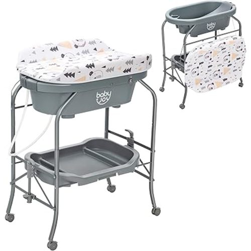BABY JOY Baby Bathtub with Changing Table, Foldable Infant Diaper Changing Station with Storage Tray, Waterproof Pad, Portable Newborn Nursery Organizer Bath Stand with 4 Universal Wheels (Gray)