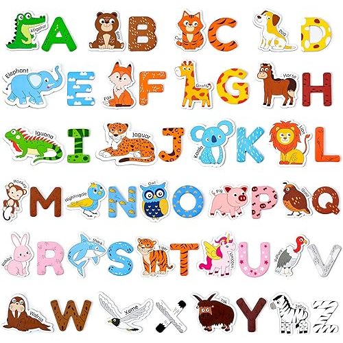 JoyCat Wooden Fridge Magnets for Toddlers – 26 Cute Animals & Uppercase Letters, Large Refrigerator ABC Alphabet Magnets Set for Kids, Preschool Learning Spelling Alphabet Gifts Toy for Ages 2+
