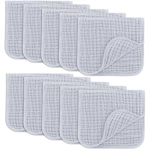 Comfy Cubs Muslin Burp Cloths 20" x 10", Pack of 10 - Large, 6-Layer, Ultra Absorbent 100% Cotton for Baby Drool and Messes - Soft, Safe & Gentle Baby Burp Cloths for Boys & Girls - Slate