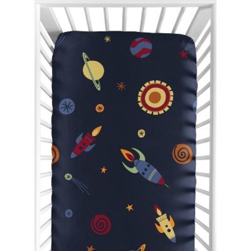 Sweet Jojo Designs Boy Baby Fitted Crib Sheet Space Galaxy Navy Blue Red And Yellow