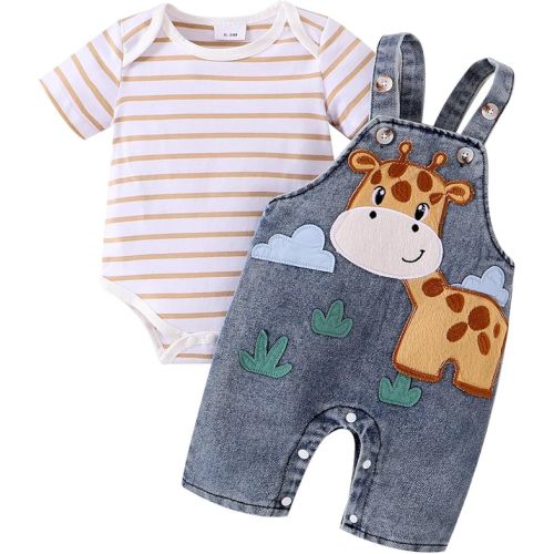 Baby Boy Clothes Newborn Striped Romper Summer Outfits + Infant Cartoon Animals Jeans Suspender Overalls 0-18 Months