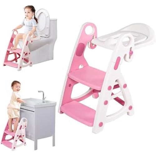 Potty Training Seat & Toddler Step Stool, Ultimate Stability Toddler Toilet Seat, Adjustable Step & Seat Height Potty Seats for Toddlers Girls(Pink)