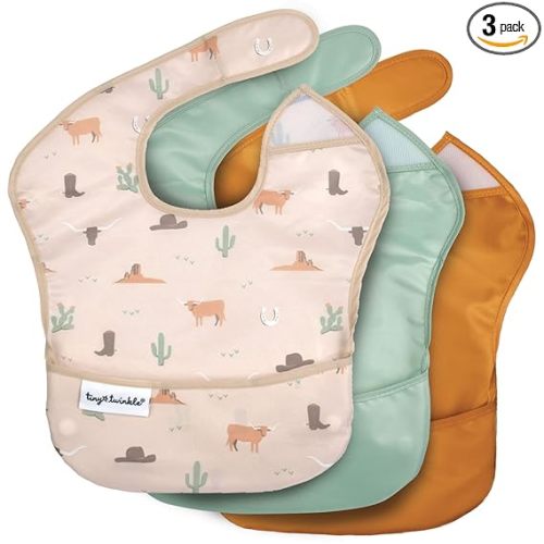 Tiny Twinkle Mess-Proof Baby Bibs for Eating | Waterproof, Wipeable Toddler Bibs with Catch-All Pocket | Feeding Bibs for Girls & Boys(3 Pack,Cowboy)