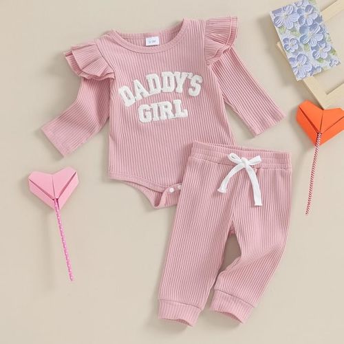 Hoanselay Newborn Baby Girl Outfits Daddys Girl Romper Long Sleeve Romper Bodysuit Ribbed Pants Set Cute Fall Winter Clothes - 9-12 Months - Pink Daddys Girl