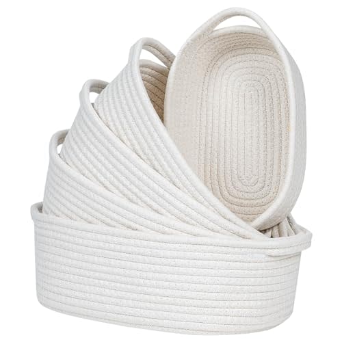 CubesLand Small Woven Rope Toys Basket for Organizing Set 5, Shelves Closet Storage Bins, Empty Gift Baby Shower Basket Also Perfect for Toilet Paper Storage, Organizer Bins Off White
