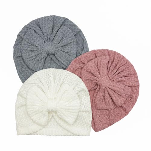 ZURLEFY 3 Pack Velvet Baby Turban Hats with Bow, Stretchy Baby Head Cover Beanies for Newborn, Toddler, Infant Head Wraps