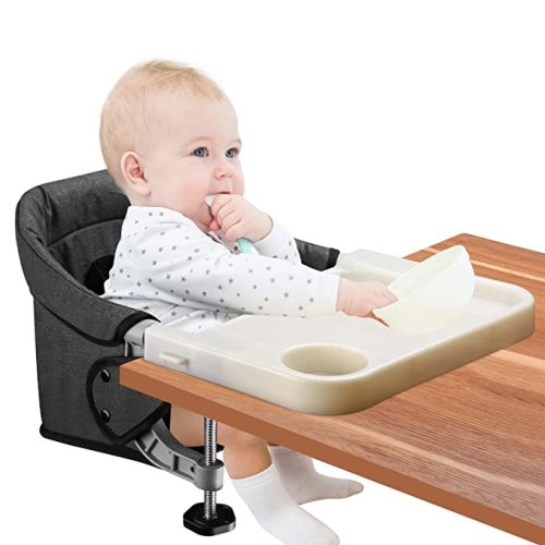 Hook On High Chair with Removable Dining Tray,Folding Portable Clip on Table High Chair,Baby Chair with Storage Bag for Indoor/Outdoor (Black) - Hook On Chair with Tray - HCT21 Black