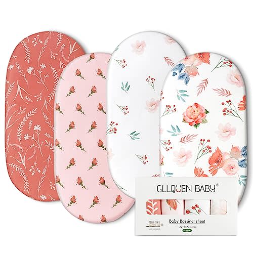 Gllquen Baby Bassinet Sheets 4 Pack, Breathable Cozy Fitted Mattress Sheet, Elastic Travel Crib Fashionable Floral Pattern, Standard Cradle Safe Sheets for Baby Boy Girls 32"X16" (Flower)