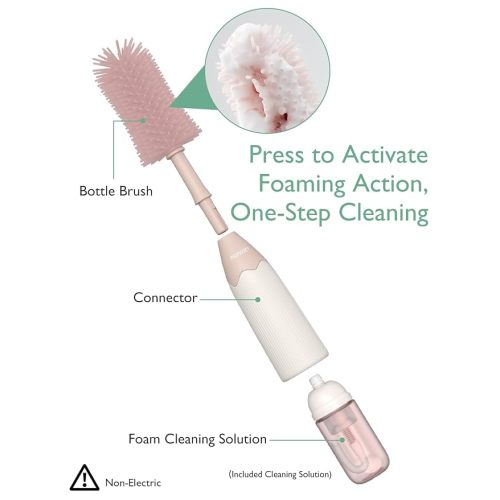Momcozy Bottle Brush Kit, Innovative Push-Press Design for Better Cleaning - Baby Bottle Cleaner Brush for Baby Bottle, Breast Pumps, Nipples, and More - Can Generate Foam for Better Cleaning, Pink