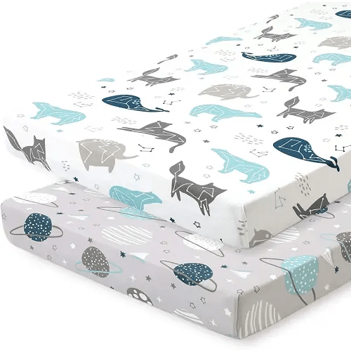 Pack n Play Sheets, BROLEX 2 Pack Mini Crib Sheets,Stretchy Portable Fitted Playard Sheet Set, Convertible Playard Mattress Cover,Ultra Soft Breathable Material,Space Planet
