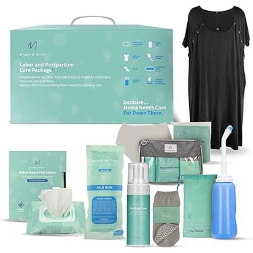 Mama & Wish® Postpartum Essentials Kit (14-Piece) - Includes Hospital Post Partum Essentials for Women After Birth, Labor and Delivery Gown, Peri Bottle, Witch Hazel Foam, Pad Liners & More!
