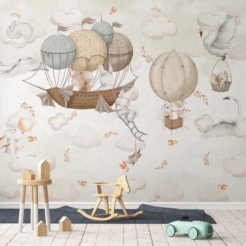 White Clouds and Animals Balloon Wall Mural - Peel and Stick Wallpaper-C352