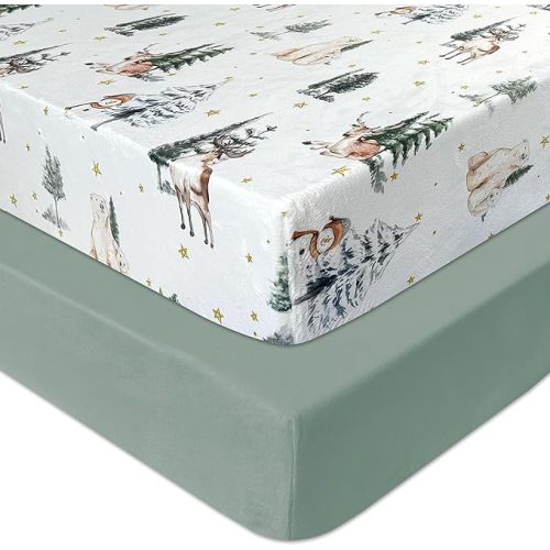 AMROSE 2 Pack Microfleece Crib Sheets, 28'' X 52'' Flannel Fleece Crib Fitted Sheets for Crib and Toddler Mattress Pad, Soft Comfy Warm Crib Sheets for Boys Girls, Winter Woodland