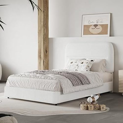 HOMBCK Twin Bed Frames with Headboard, Boucle Upholstered Platform Bed Twin Size for Kids, Rounded Corners & Thickened Footboard, No Box Spring Needed/Easy Assembly, White