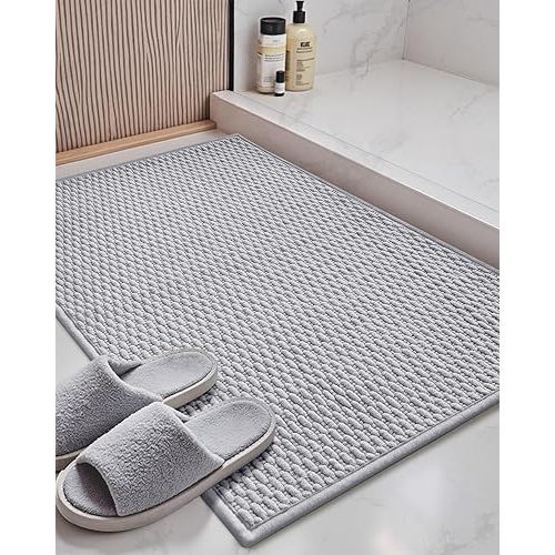 Color&Geometry Bathroom Rugs with Rubber Backing, Non Slip Machine Washable Bath Mat, Soft Absorbent Chenille Boho Carpet for Bathroom Floor, Tub and Shower,17"x29", Light Grey