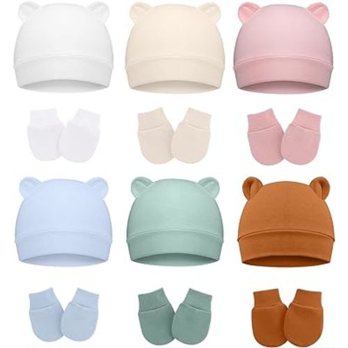Cotton Baby Hats and Mittens Set Unisex, Toddler No Scratch Mittens and Beanie Cap Infant Newborn Hospital Hat