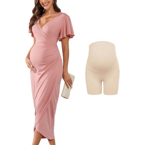 2025 Womens Maternity Wrap Dress V Neck Ruffle Sleeves Semi Formal Baby Shower Photoshoot Party Cocktail Pregnancy