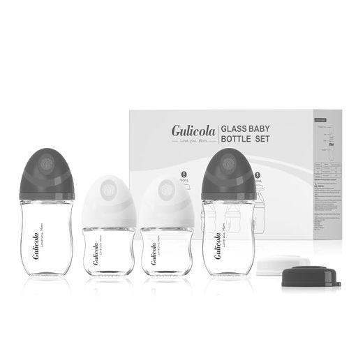 Natural Glass Baby Bottles Set 4 Pack, Newborn Boy Breastfeeding Bottles with Slow Flow Nipples, 0 Months+, 3 oz & 5 oz - Black/White - Classic - 4 Piece Assortment