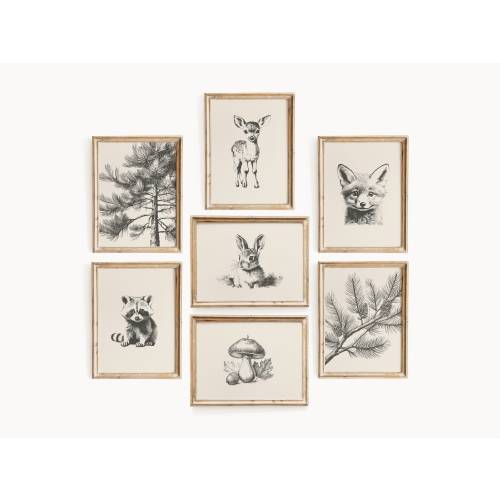 Vintage woodland baby animal gallery - set of 7 | Baby deer nursery wall art | Nature nursery decor | Baby fox print | Pine tree wall art
