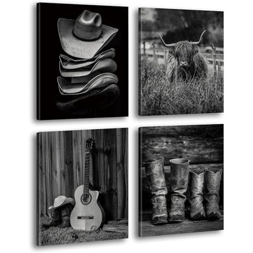 Vintage Farmhouse Cowboy Canvas Wall Art, Highland Cow Print, Boots Straw Hat and Longhorn Decor, Set of 4 (8x10 inches, Framed), for Men's Bedroom