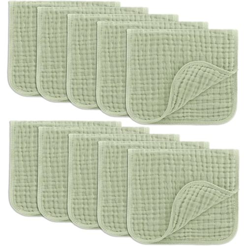 Comfy Cubs Muslin Burp Cloths Baby 50 x 25 cm, Pack of 10 - Large 6-Layer Ultra-Absorbent 100% Cotton for Babies Drool & Messes - Soft & Gentle Burp Cloth Baby Set for Boys & Girls - Sage