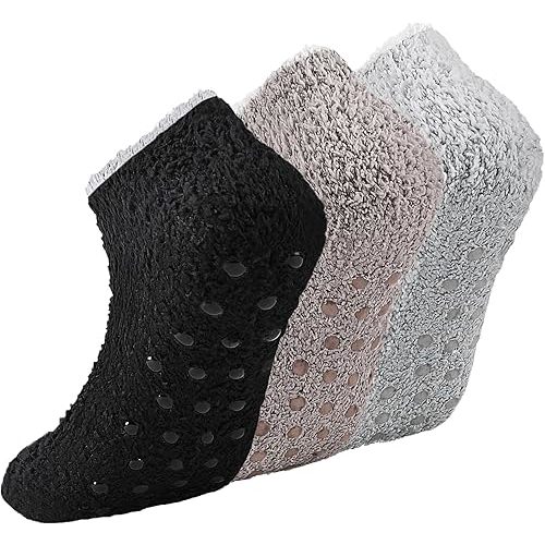 3/6 Pairs Non Slip Hospital Socks for Women Fluffy Fuzzy Slipper Socks with Grips