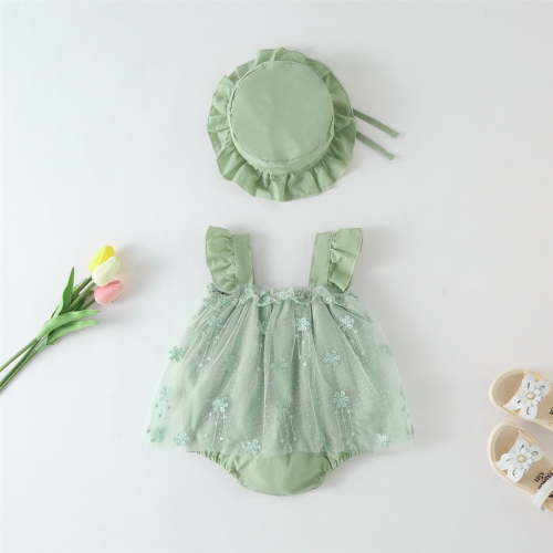 TOOYOU Baby Girl Bodysuits Cheap Toddler Girl Onesies Ruffles Sleeveless Lace Jumpsuit Clothing Set With Hat Stretchy Baby Girl Romper Green Size 9-15 Months