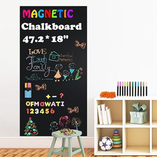Magnetic Chalkboard Contact Paper for Wall, 47.2" x 18" Self-Adhesive Magnet Wall Sheet with 79 Magnete Letters for Kids and 12 Colors Liquid Chalk, Magnetic Wallpaper Stickers, Chalk Board