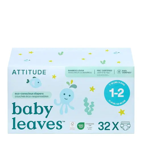 ATTITUDE Eco-Conscious Disposable Diapers, EWG Verified, Size 1/2 (7-17 lbs), Ultra Absorbent for Baby, Vegan & Plant-Based, 32 Count