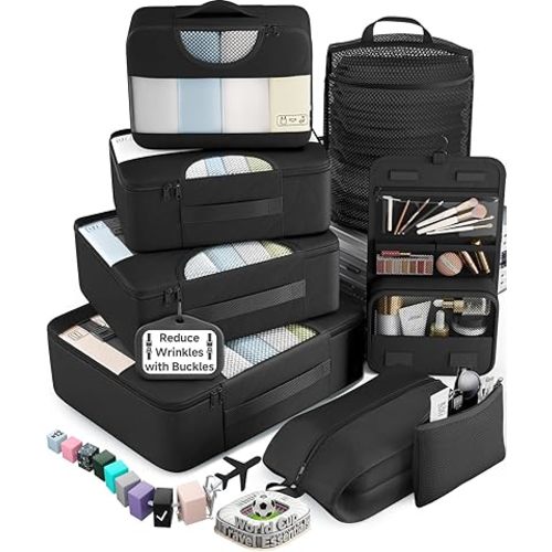 Veken 10 Set/8 Set Packing Cubes for Travel Essentials,Anti-Wrinkle Buckled Suitcase Organizer for Shoe & Toiletry Bag,Carry On Luggage Bag for Airplane & College Dorm Room Accessories,Women Men Gifts
