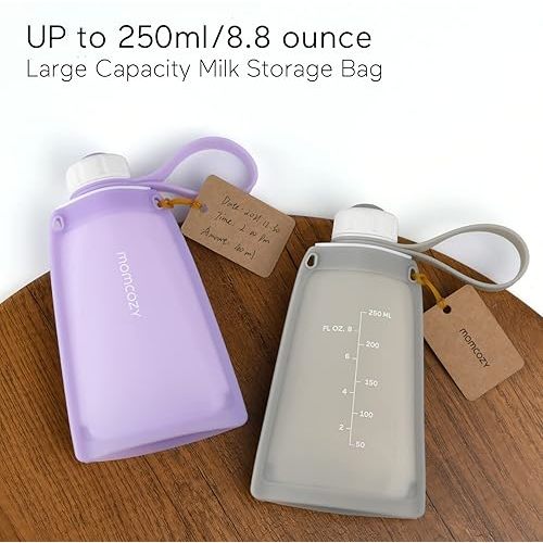 No Leak Momcozy Silicone Breastmilk Storage Bags, Reusable Breastmilk Freezer Storing Bags for Breastfeeding, 8.5oz/250ml Breast Milk Saver, Leakproof Baby Food Pouches, BPA Free (Light Purple,5pcs)