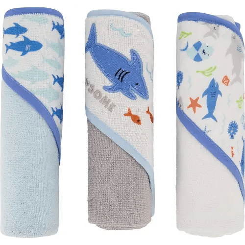 Cudlie Buttons & Stitches Baby Boy 3 Pack Rolled/Carded Hooded Towels in Jawsome Print (GS71723)