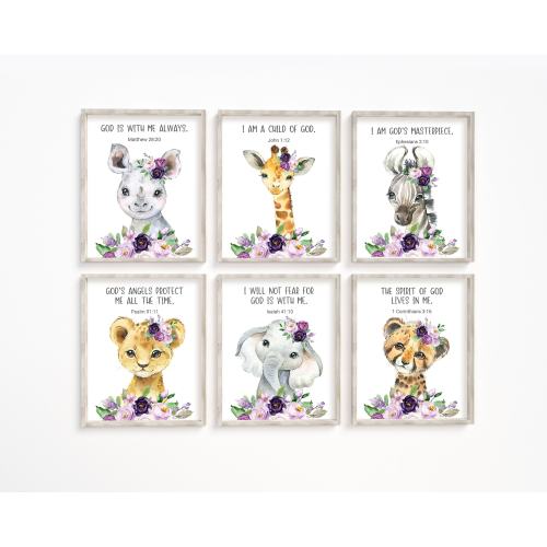 Kid's Bible Verse Prints, Safari Animal Prints, Christian Wall Decor, Purple Lavender Floral, Baby Girl Nursery Art, Nursery Animal Prints,