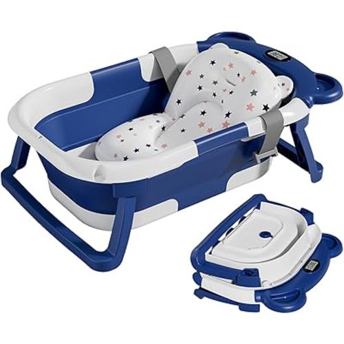 TPN Collapsible Baby Bathtub for Infants to Toddler with Real-time Temp Monitor+Floating Cushion,Foldable Baby Bath Tub Set Applicable 0-36 Month,Perfect Portable Travel Baby Tub for Newborns Boy