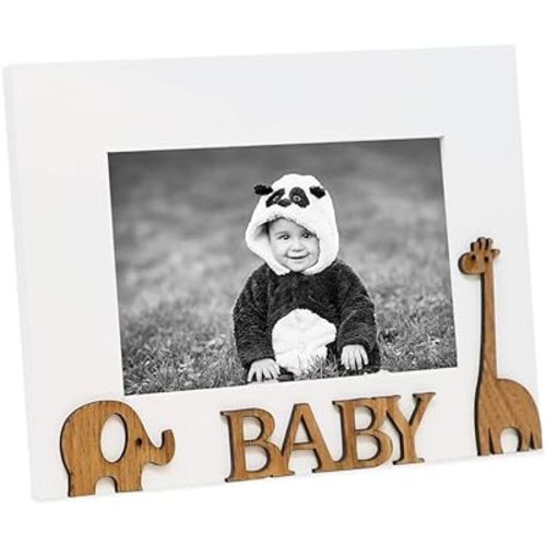 Isaac Jacobs Wood Sentiments “Baby” Picture Frame, 4x6 inch, Photo Gift for Family, Tabletop, Desktop Display & Wall Display, Animal Cutout Details (White)