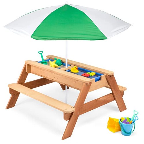 Best Choice Products Kids 3-in-1 Sand & Water Activity Table, Wood Outdoor Convertible Picnic Table w/Umbrella, 2 Play Boxes, Removable Top - Green